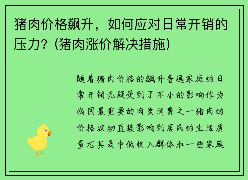 猪肉价格飙升，如何应对日常开销的压力？(猪肉涨价解决措施)