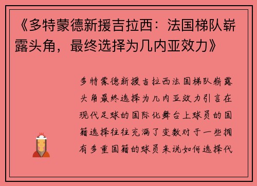 《多特蒙德新援吉拉西：法国梯队崭露头角，最终选择为几内亚效力》