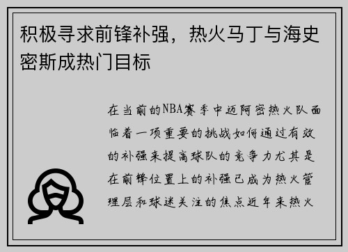 积极寻求前锋补强，热火马丁与海史密斯成热门目标