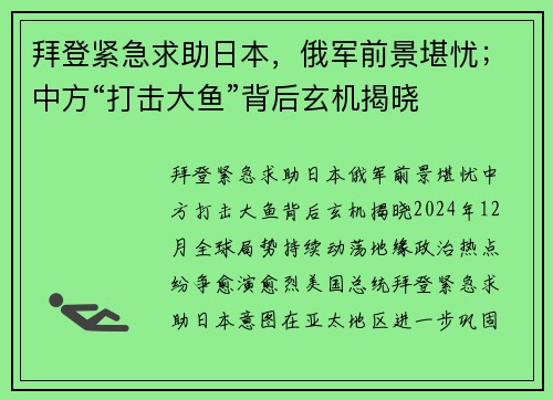 拜登紧急求助日本，俄军前景堪忧；中方“打击大鱼”背后玄机揭晓